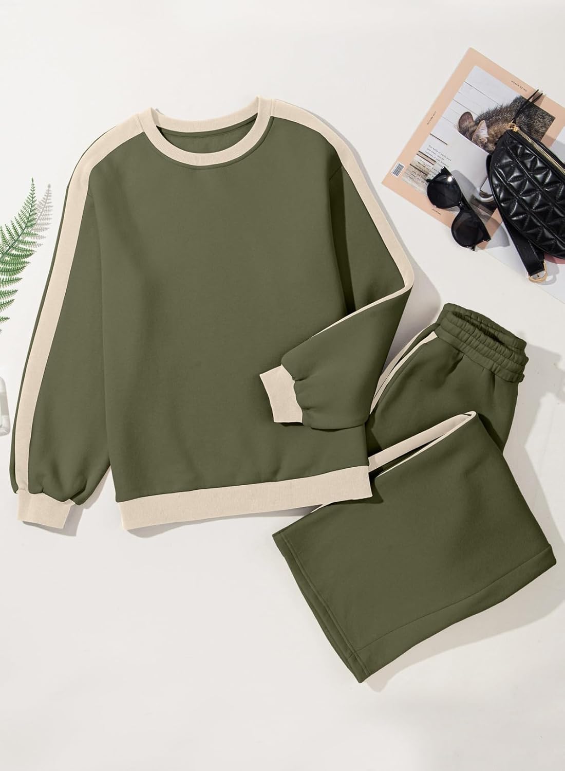 ❤️Last day promotion! Women 2 Piece Outfits Color Block Sweatsuit Casual Fleece Lounge Matching Sets