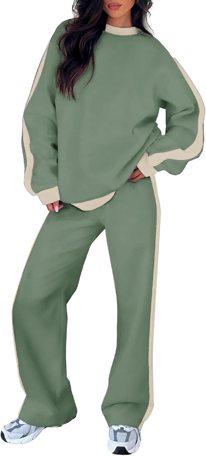 ❤️Last day promotion! Women 2 Piece Outfits Color Block Sweatsuit Casual Fleece Lounge Matching Sets