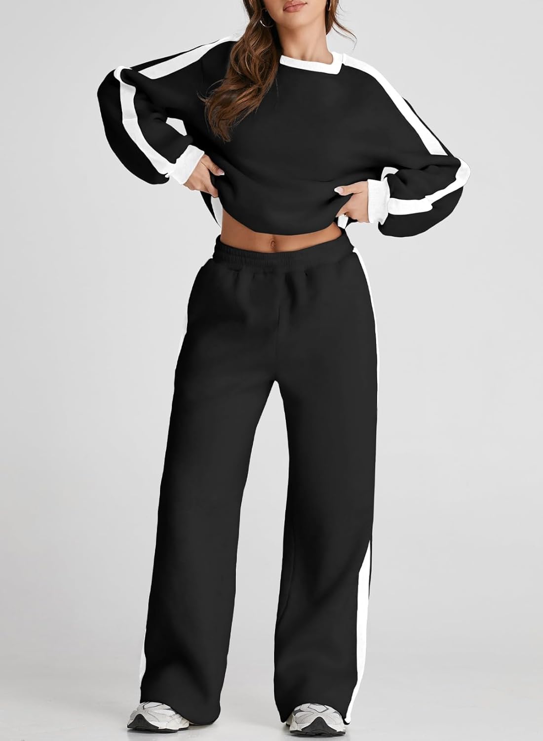 ❤️Last day promotion! Women 2 Piece Outfits Color Block Sweatsuit Casual Fleece Lounge Matching Sets