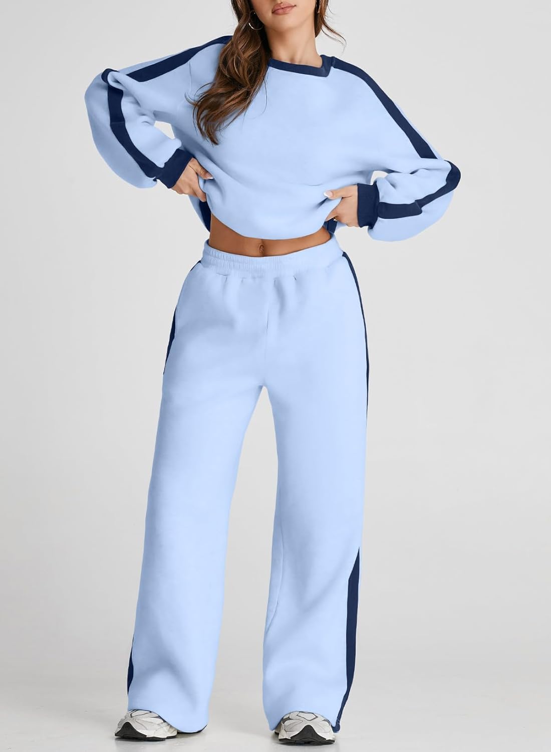 ❤️Last day promotion! Women 2 Piece Outfits Color Block Sweatsuit Casual Fleece Lounge Matching Sets