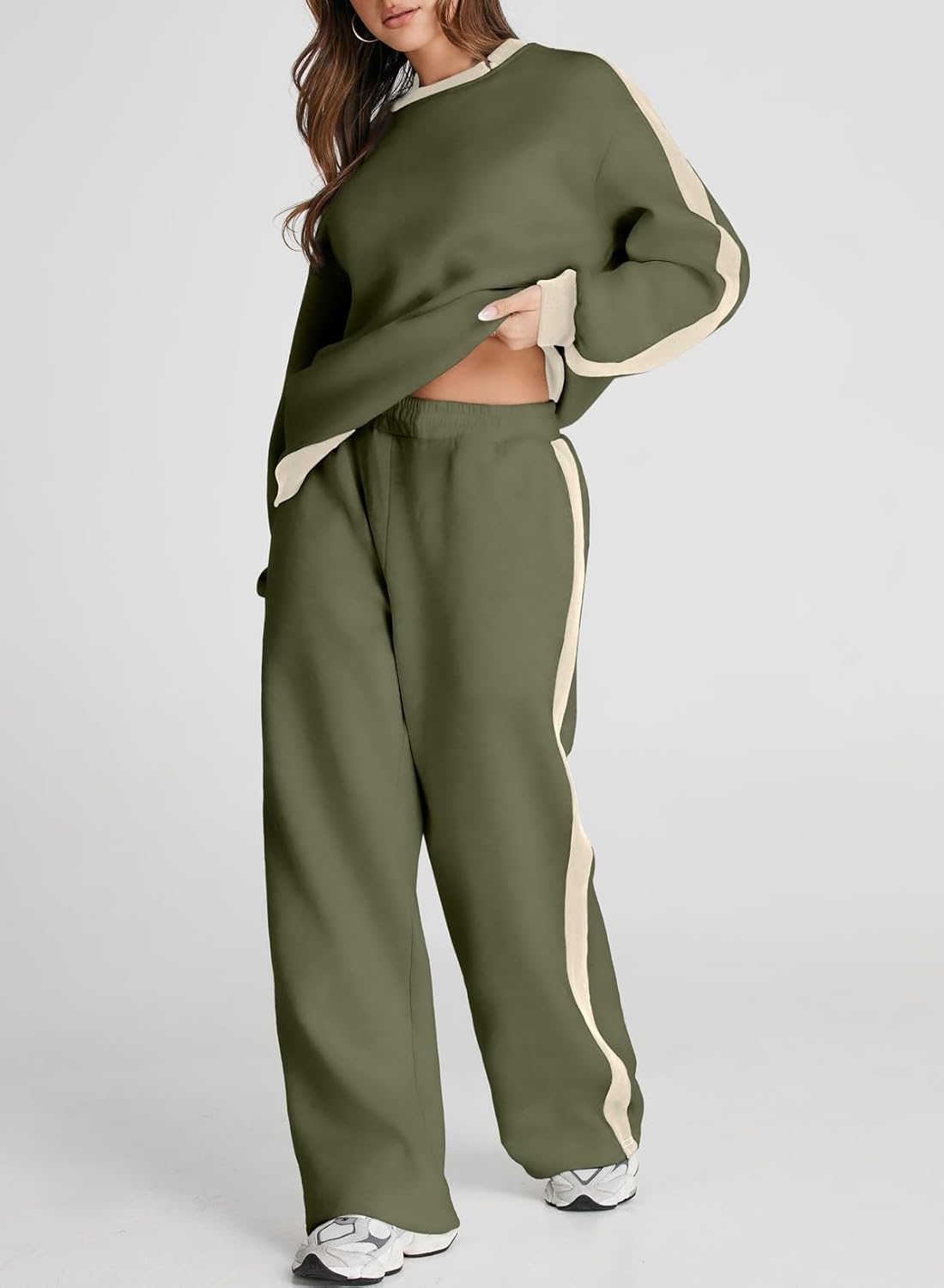 ❤️Last day promotion! Women 2 Piece Outfits Color Block Sweatsuit Casual Fleece Lounge Matching Sets