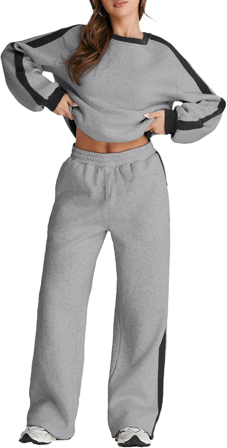 ❤️Last day promotion! Women 2 Piece Outfits Color Block Sweatsuit Casual Fleece Lounge Matching Sets