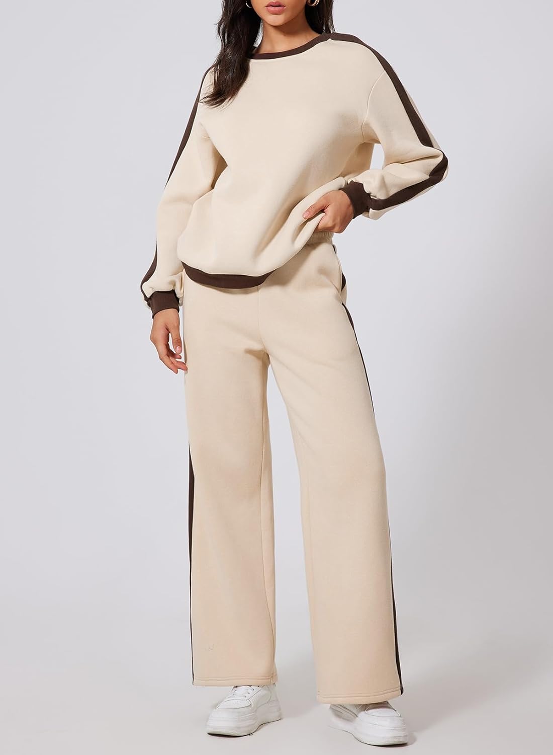 ❤️Last day promotion! Women 2 Piece Outfits Color Block Sweatsuit Casual Fleece Lounge Matching Sets