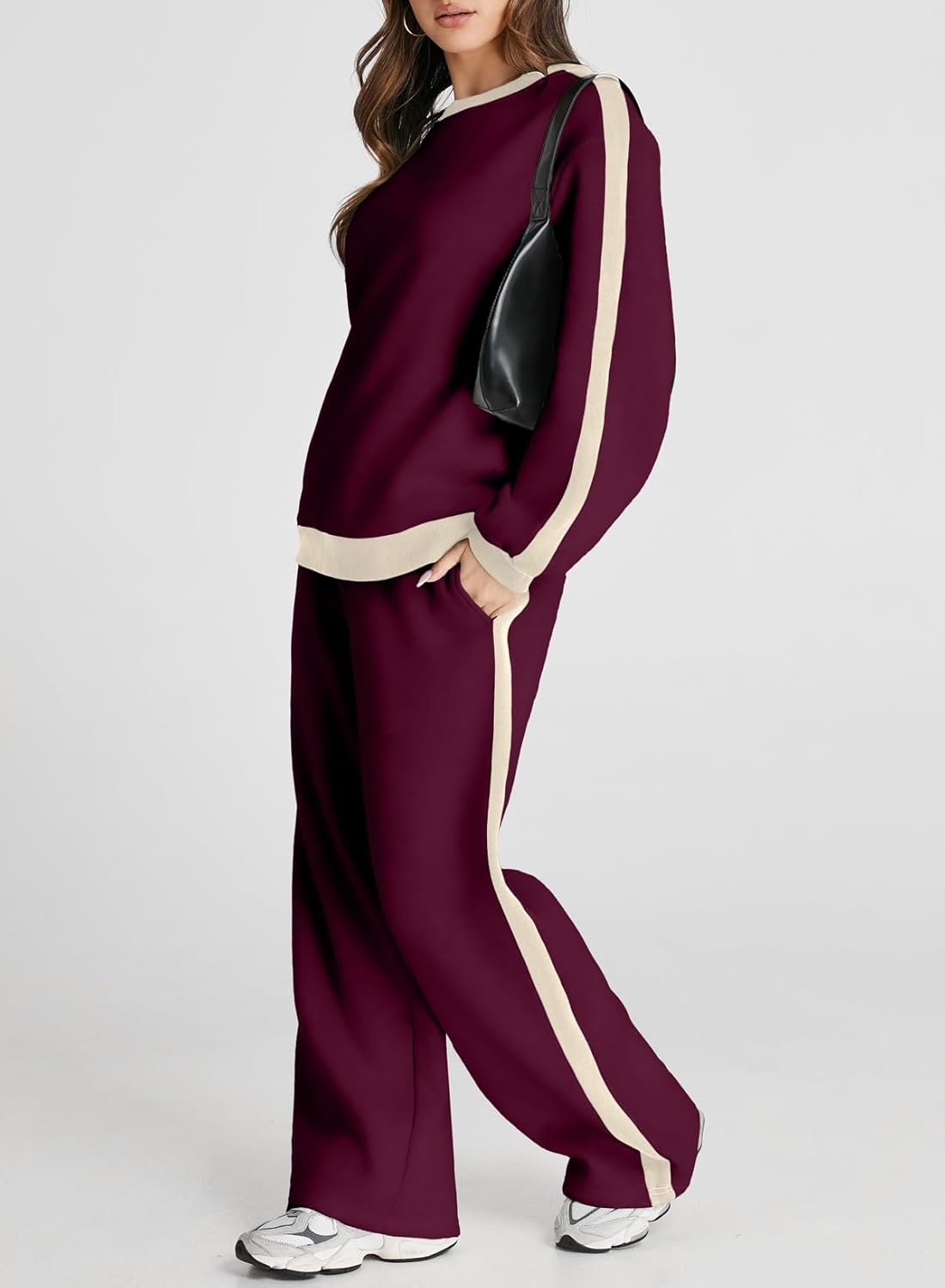 ❤️Last day promotion! Women 2 Piece Outfits Color Block Sweatsuit Casual Fleece Lounge Matching Sets
