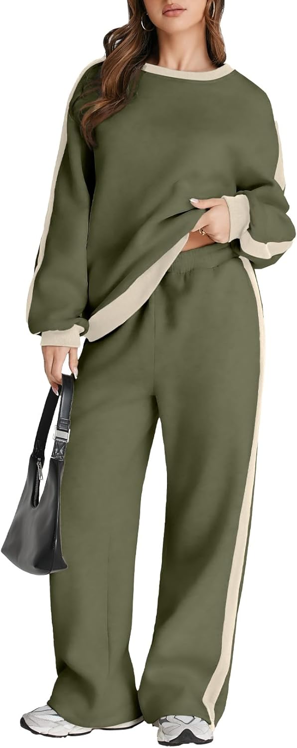 ❤️Last day promotion! Women 2 Piece Outfits Color Block Sweatsuit Casual Fleece Lounge Matching Sets