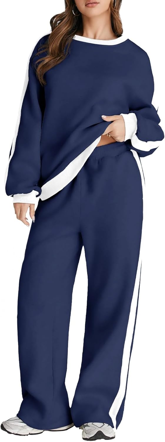 ❤️Last day promotion! Women 2 Piece Outfits Color Block Sweatsuit Casual Fleece Lounge Matching Sets