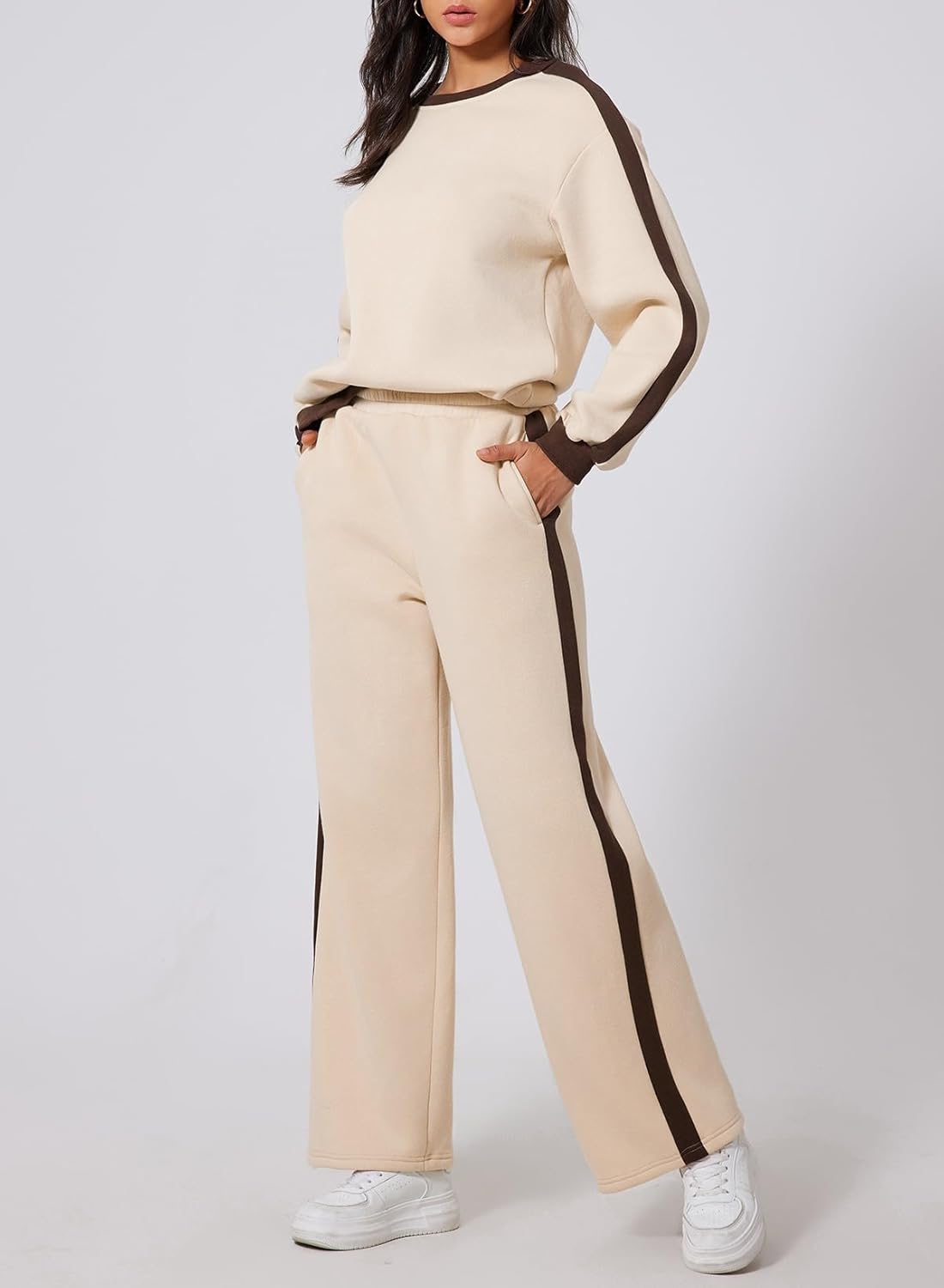 ❤️Last day promotion! Women 2 Piece Outfits Color Block Sweatsuit Casual Fleece Lounge Matching Sets