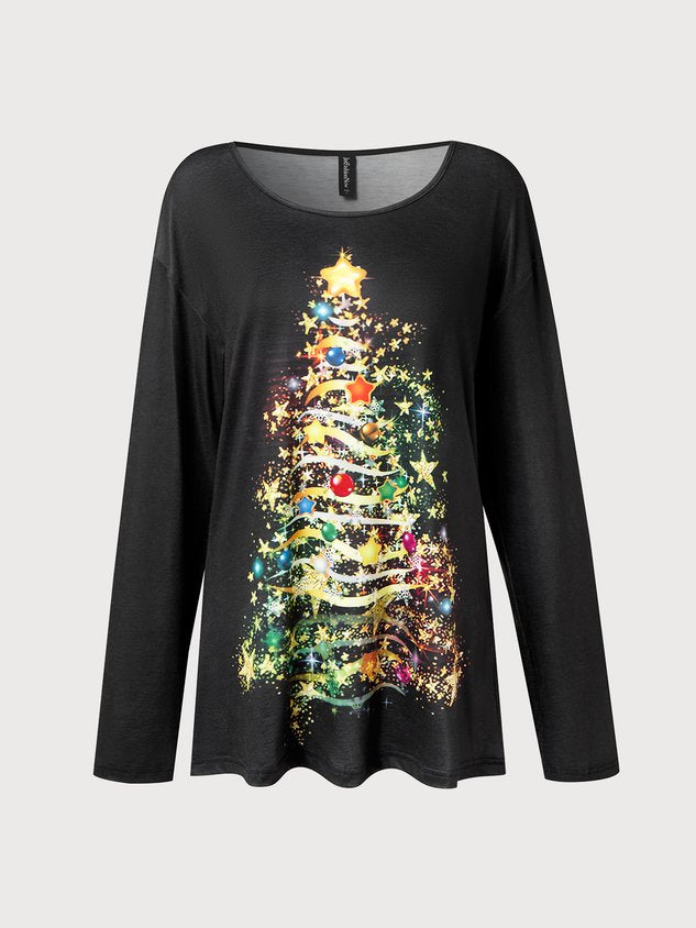 Casual Crew Neck Christmas Tree Top & T-shirt Female