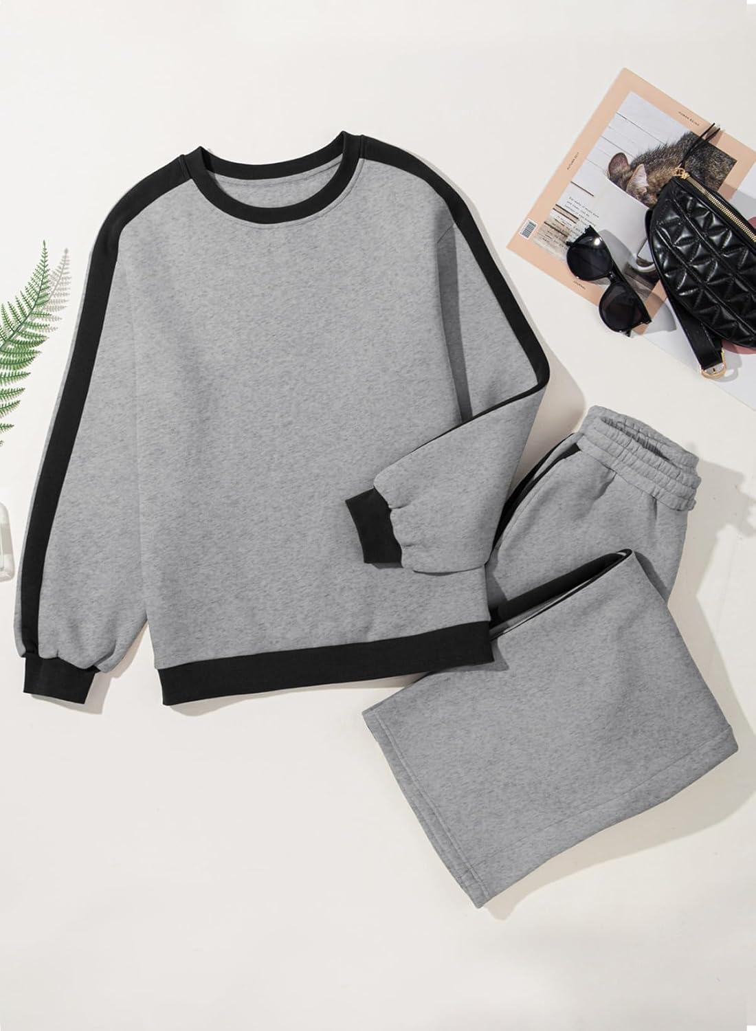 ❤️Last day promotion! Women 2 Piece Outfits Color Block Sweatsuit Casual Fleece Lounge Matching Sets