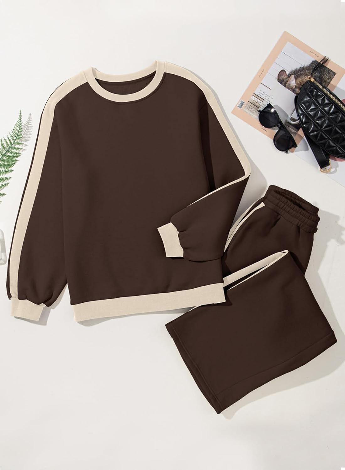 ❤️Last day promotion! Women 2 Piece Outfits Color Block Sweatsuit Casual Fleece Lounge Matching Sets