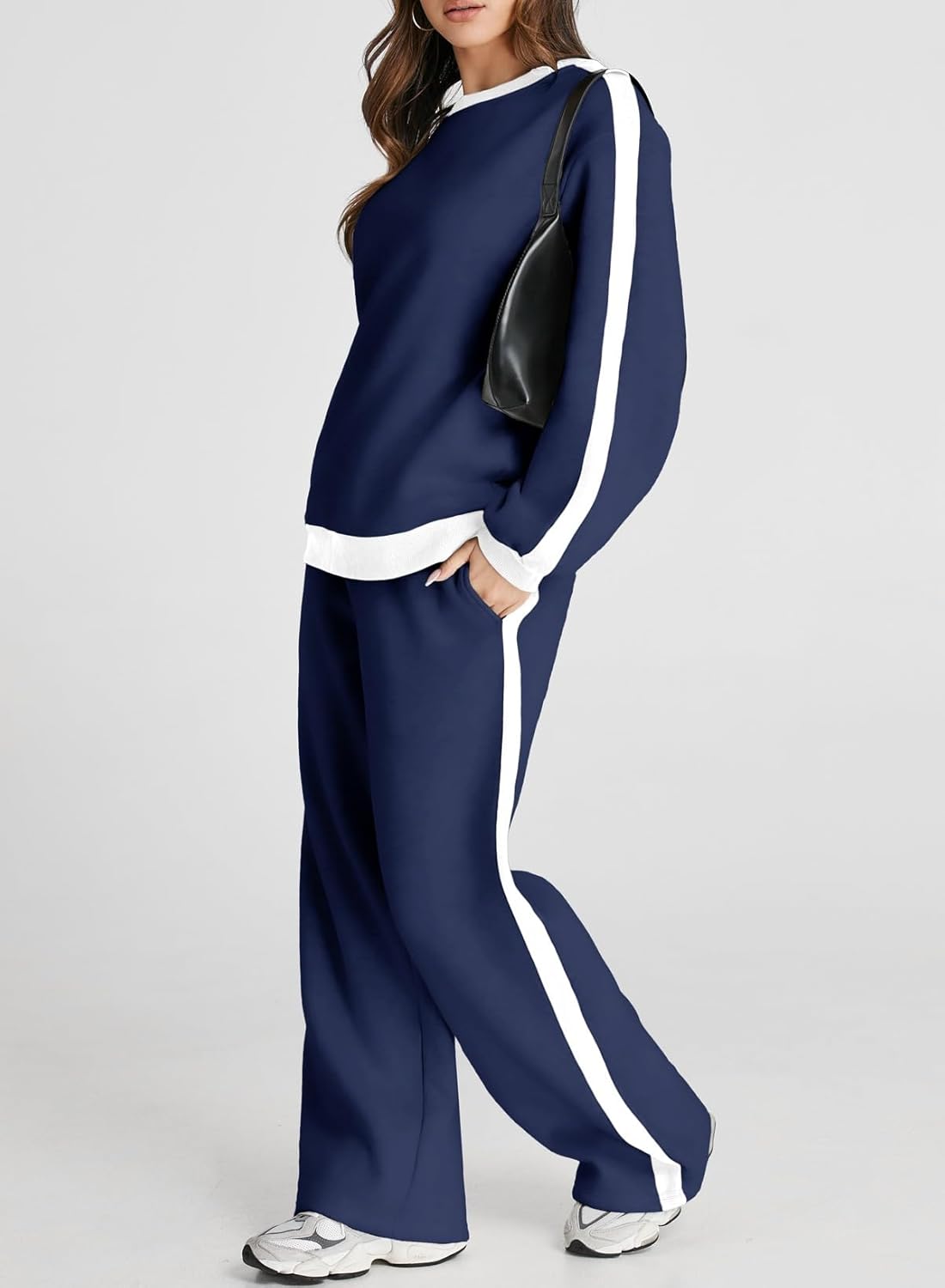 ❤️Last day promotion! Women 2 Piece Outfits Color Block Sweatsuit Casual Fleece Lounge Matching Sets