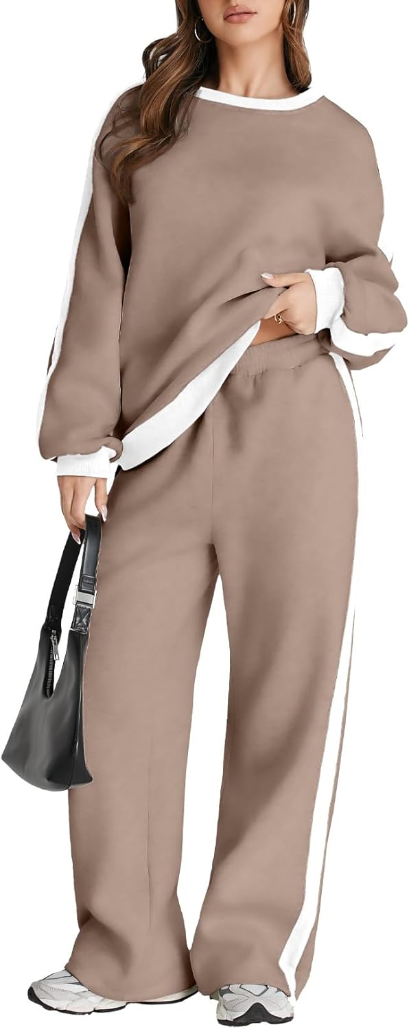 ❤️Last day promotion! Women 2 Piece Outfits Color Block Sweatsuit Casual Fleece Lounge Matching Sets