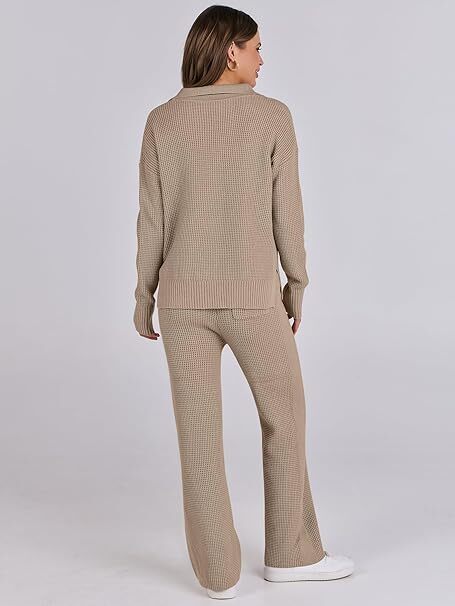 🔥Autumn Special Offer-Womens Two Piece Outfits Sweater Sets Waffle Knit Pullover Wide Leg Pants