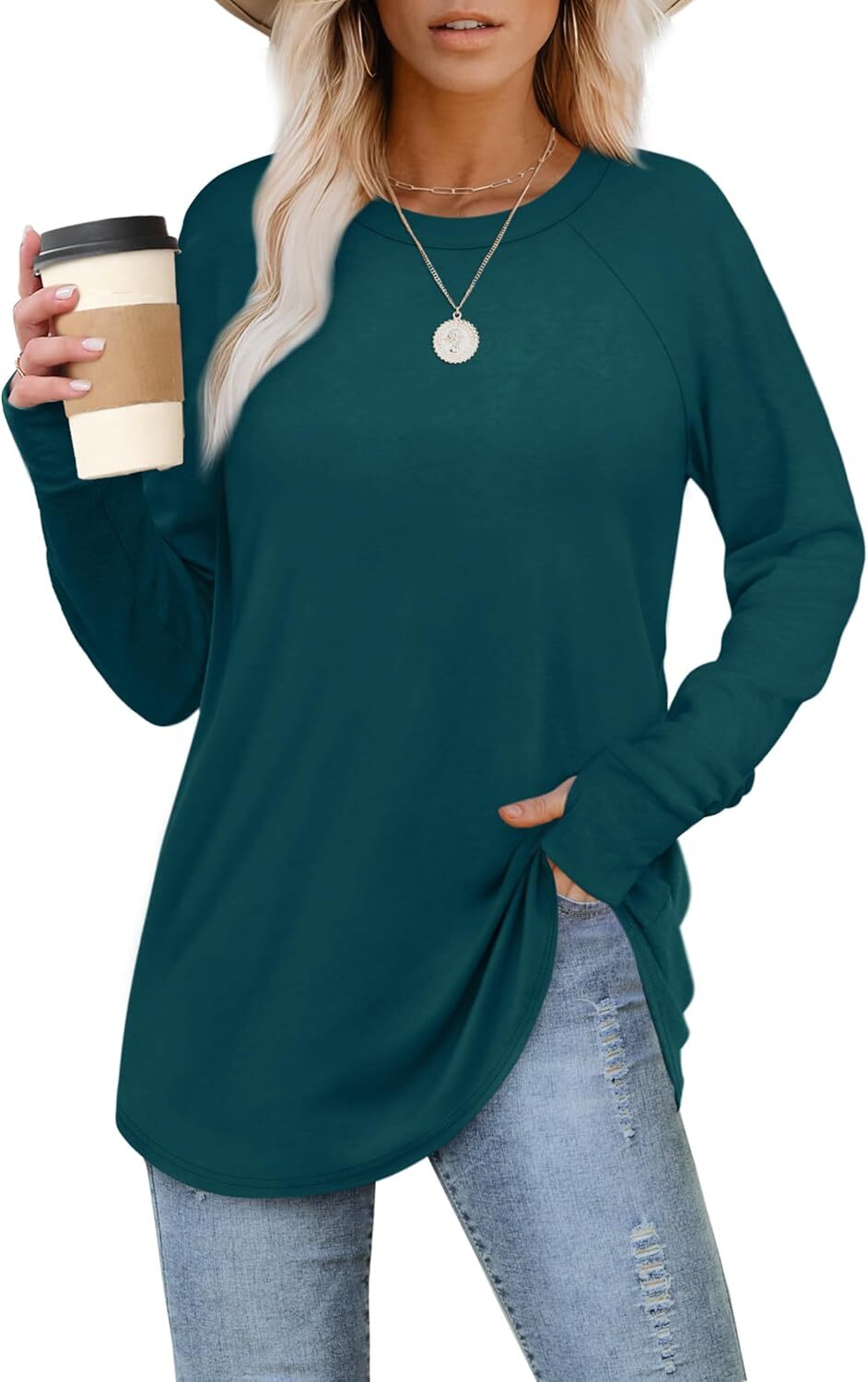 🔥Womens Tunic Tops to Wear with Leggings Long Sleeve Thumb Hole Shirts Crew Neck Curved Hem