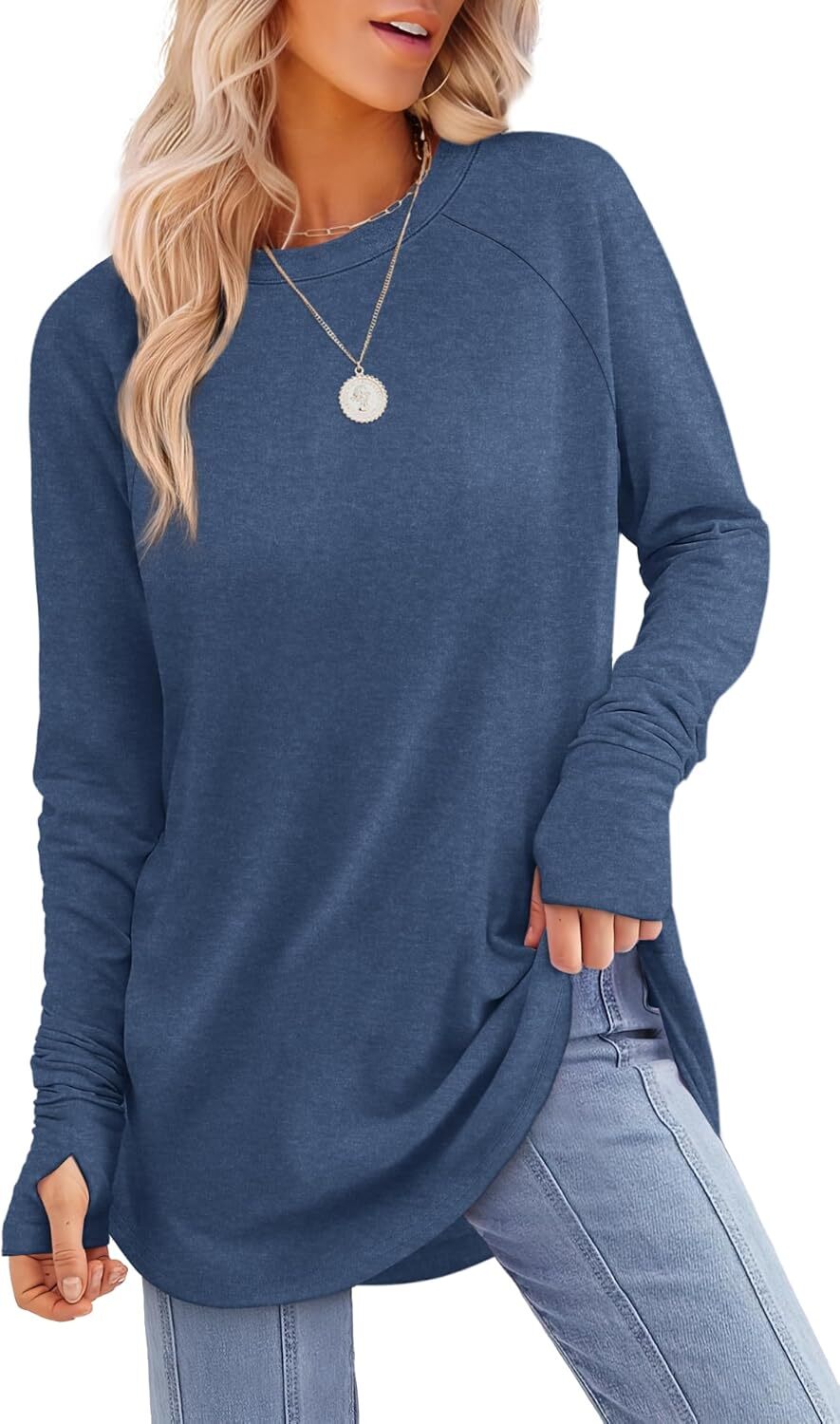 🔥Womens Tunic Tops to Wear with Leggings Long Sleeve Thumb Hole Shirts Crew Neck Curved Hem