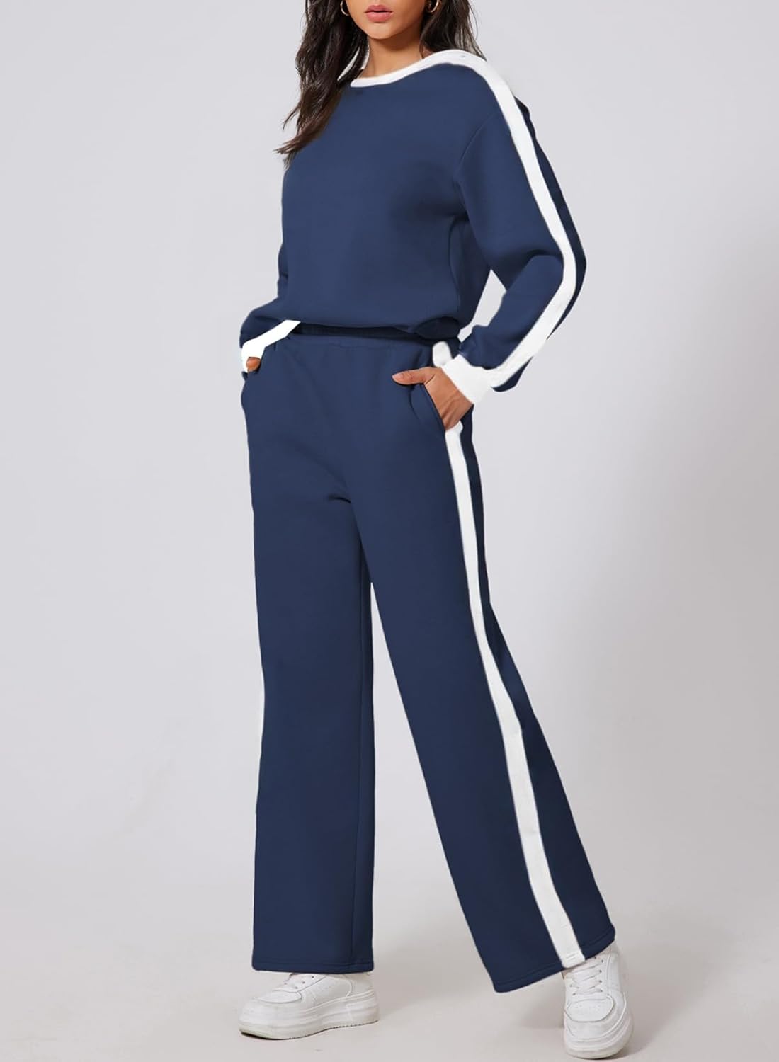 ❤️Last day promotion! Women 2 Piece Outfits Color Block Sweatsuit Casual Fleece Lounge Matching Sets