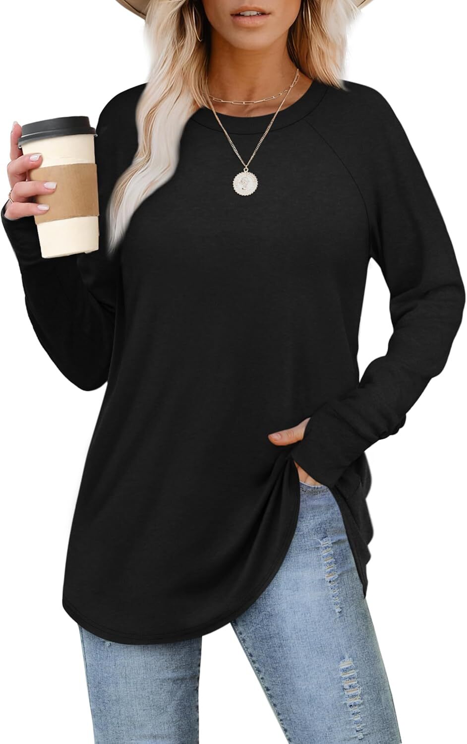 🔥Womens Tunic Tops to Wear with Leggings Long Sleeve Thumb Hole Shirts Crew Neck Curved Hem