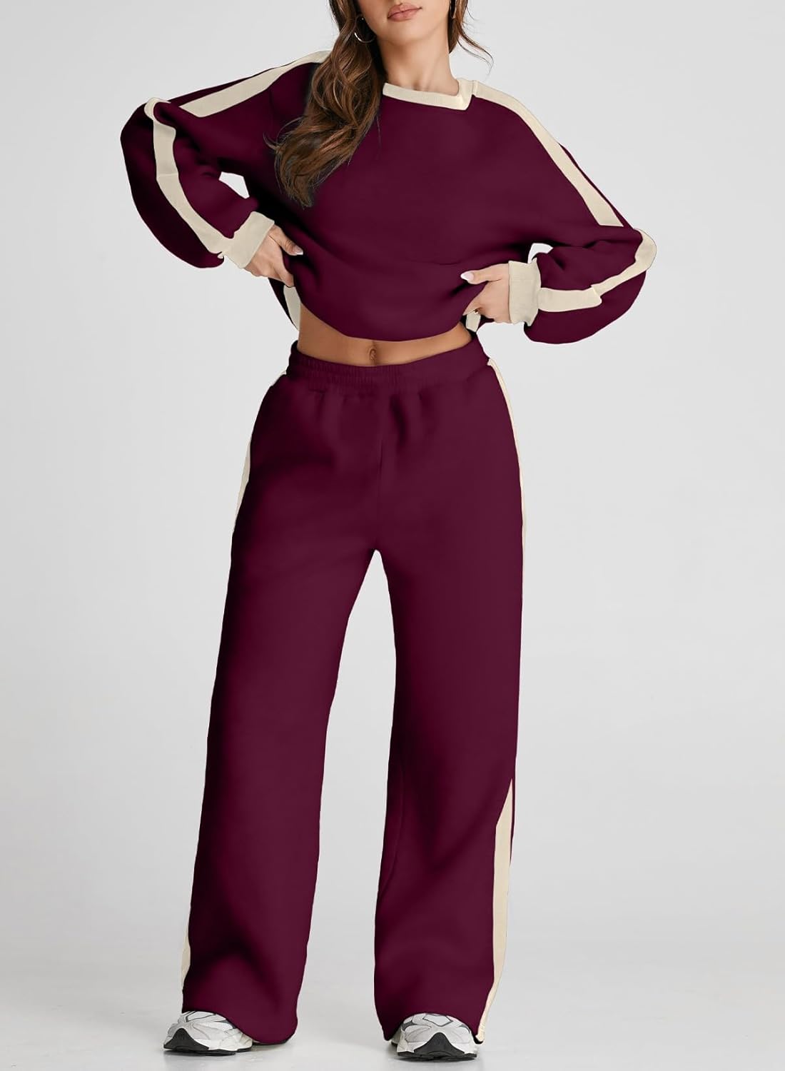 ❤️Last day promotion! Women 2 Piece Outfits Color Block Sweatsuit Casual Fleece Lounge Matching Sets