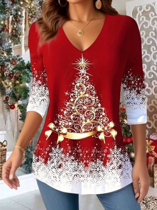 Casual Christmas V Neck Loose T-Shirt