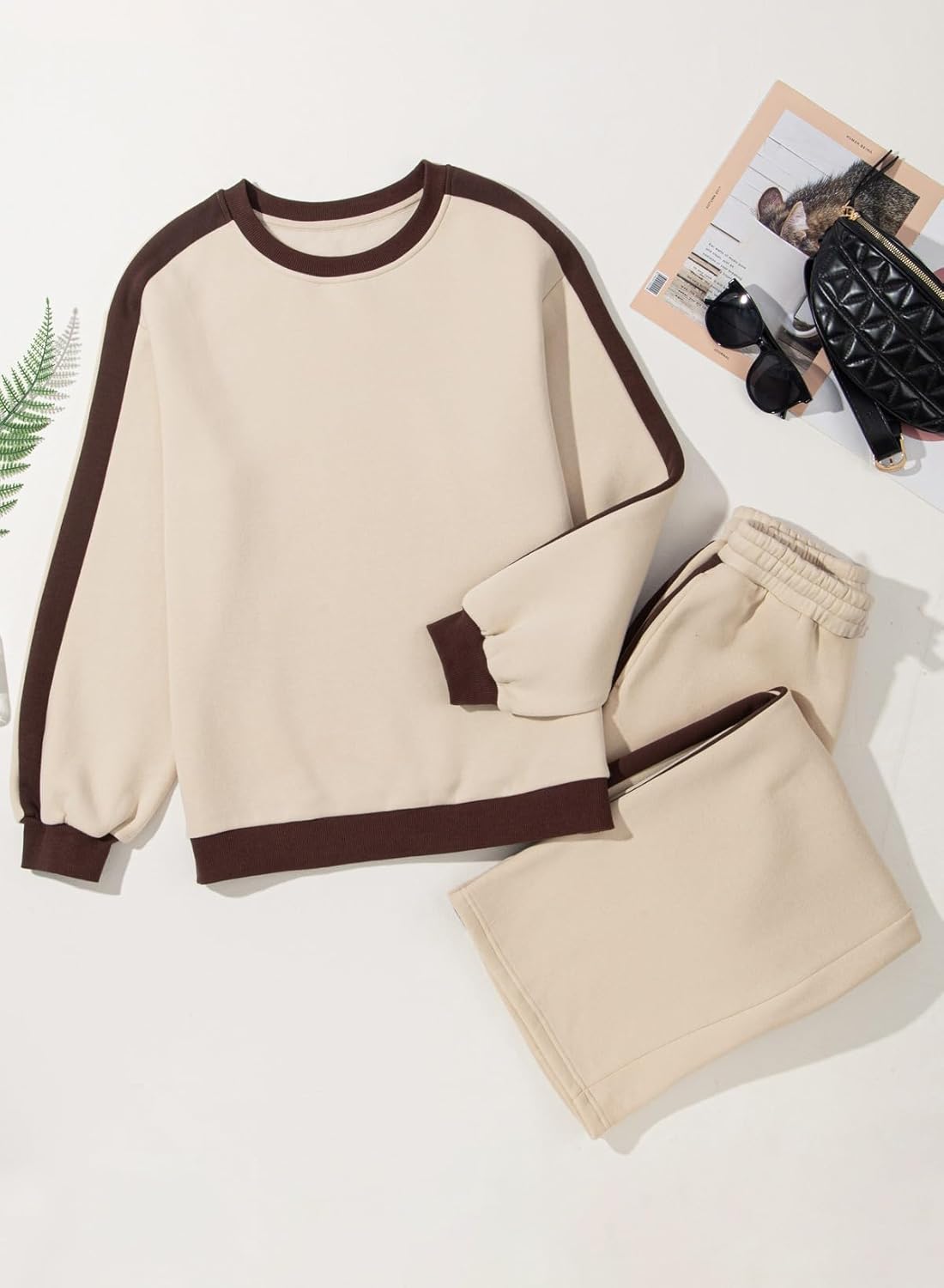 ❤️Last day promotion! Women 2 Piece Outfits Color Block Sweatsuit Casual Fleece Lounge Matching Sets