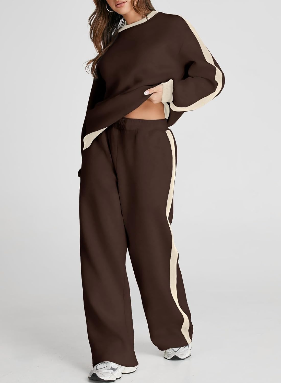 ❤️Last day promotion! Women 2 Piece Outfits Color Block Sweatsuit Casual Fleece Lounge Matching Sets