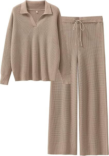 🔥Autumn Special Offer-Womens Two Piece Outfits Sweater Sets Waffle Knit Pullover Wide Leg Pants