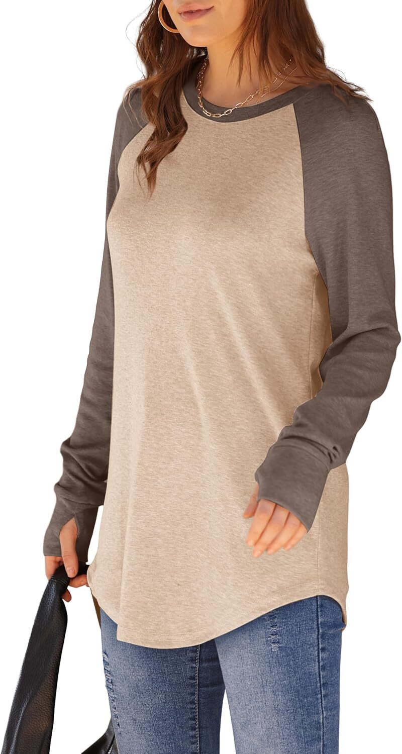 🔥Womens Tunic Tops to Wear with Leggings Long Sleeve Thumb Hole Shirts Crew Neck Curved Hem