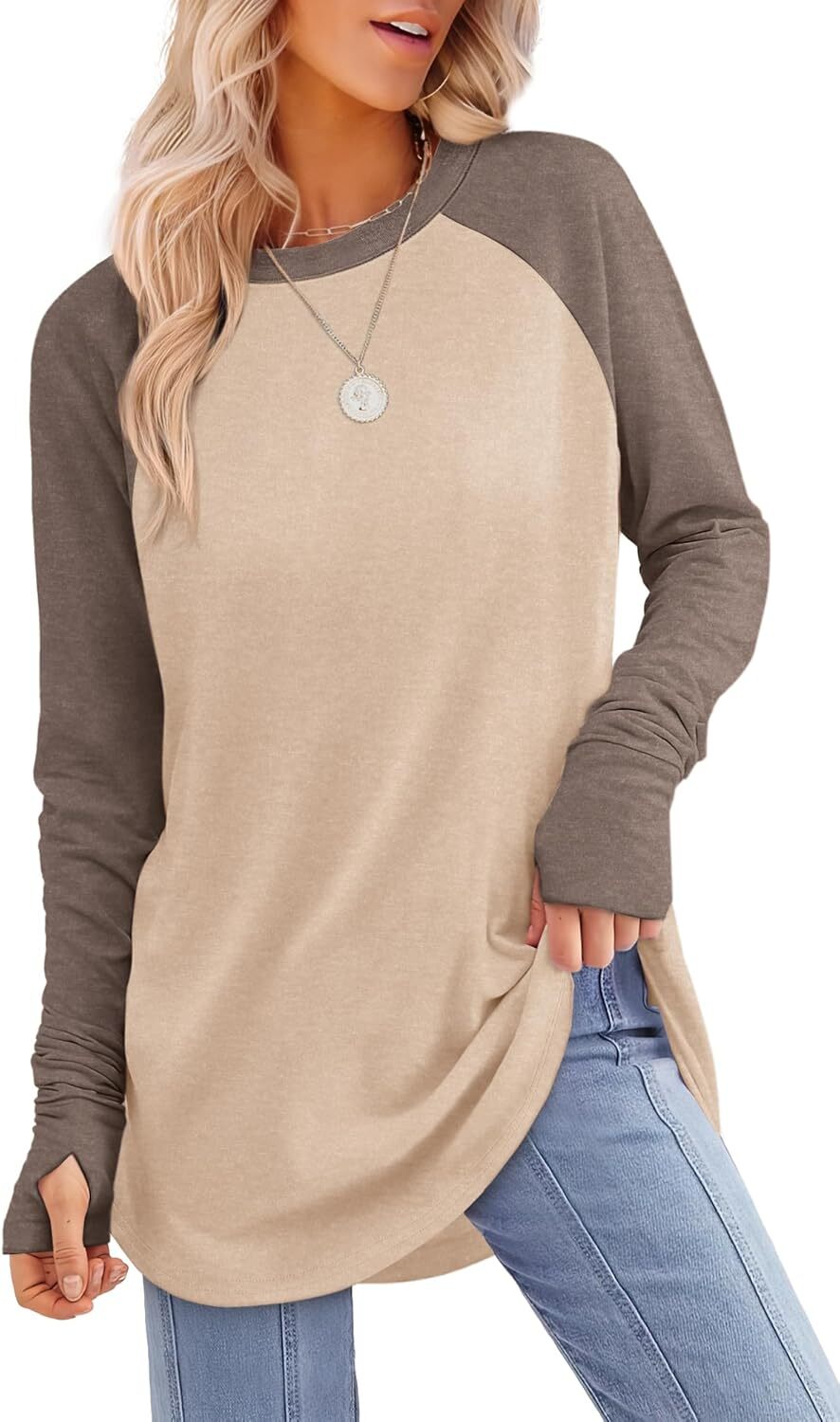 🔥Womens Tunic Tops to Wear with Leggings Long Sleeve Thumb Hole Shirts Crew Neck Curved Hem
