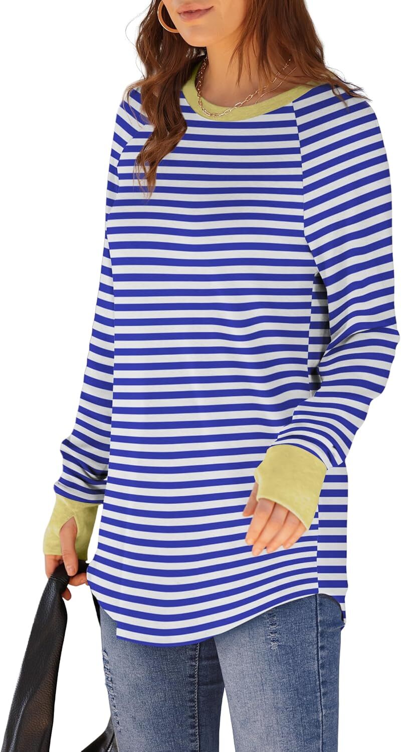 🔥Womens Tunic Tops to Wear with Leggings Long Sleeve Thumb Hole Shirts Crew Neck Curved Hem