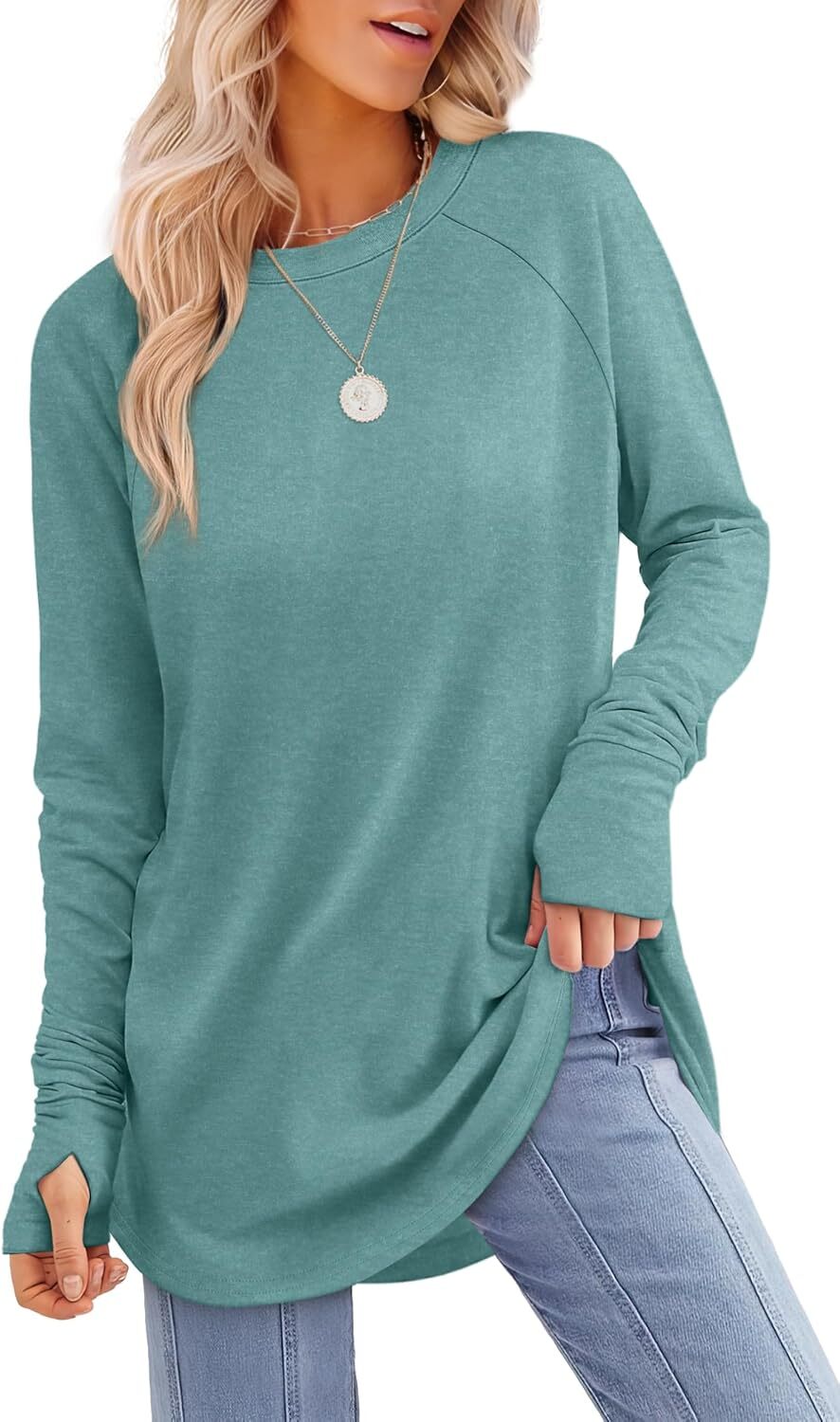 🔥Womens Tunic Tops to Wear with Leggings Long Sleeve Thumb Hole Shirts Crew Neck Curved Hem