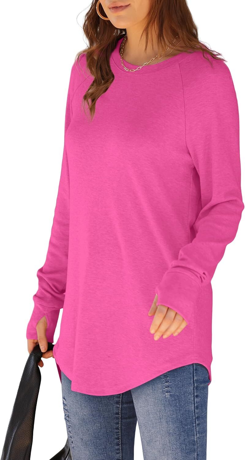 🔥Womens Tunic Tops to Wear with Leggings Long Sleeve Thumb Hole Shirts Crew Neck Curved Hem