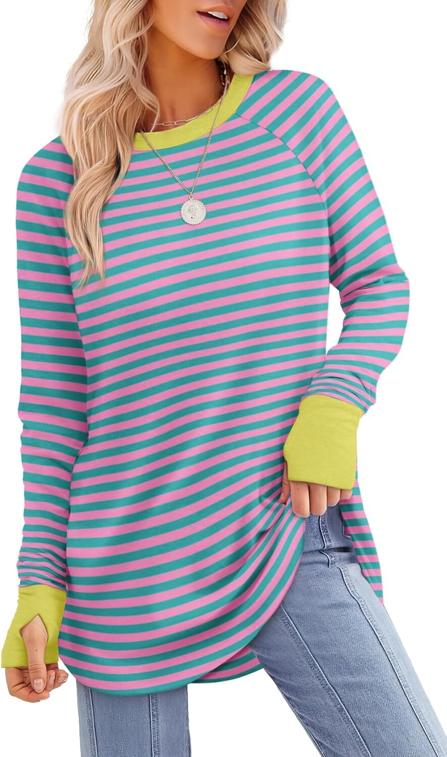 🔥Womens Tunic Tops to Wear with Leggings Long Sleeve Thumb Hole Shirts Crew Neck Curved Hem