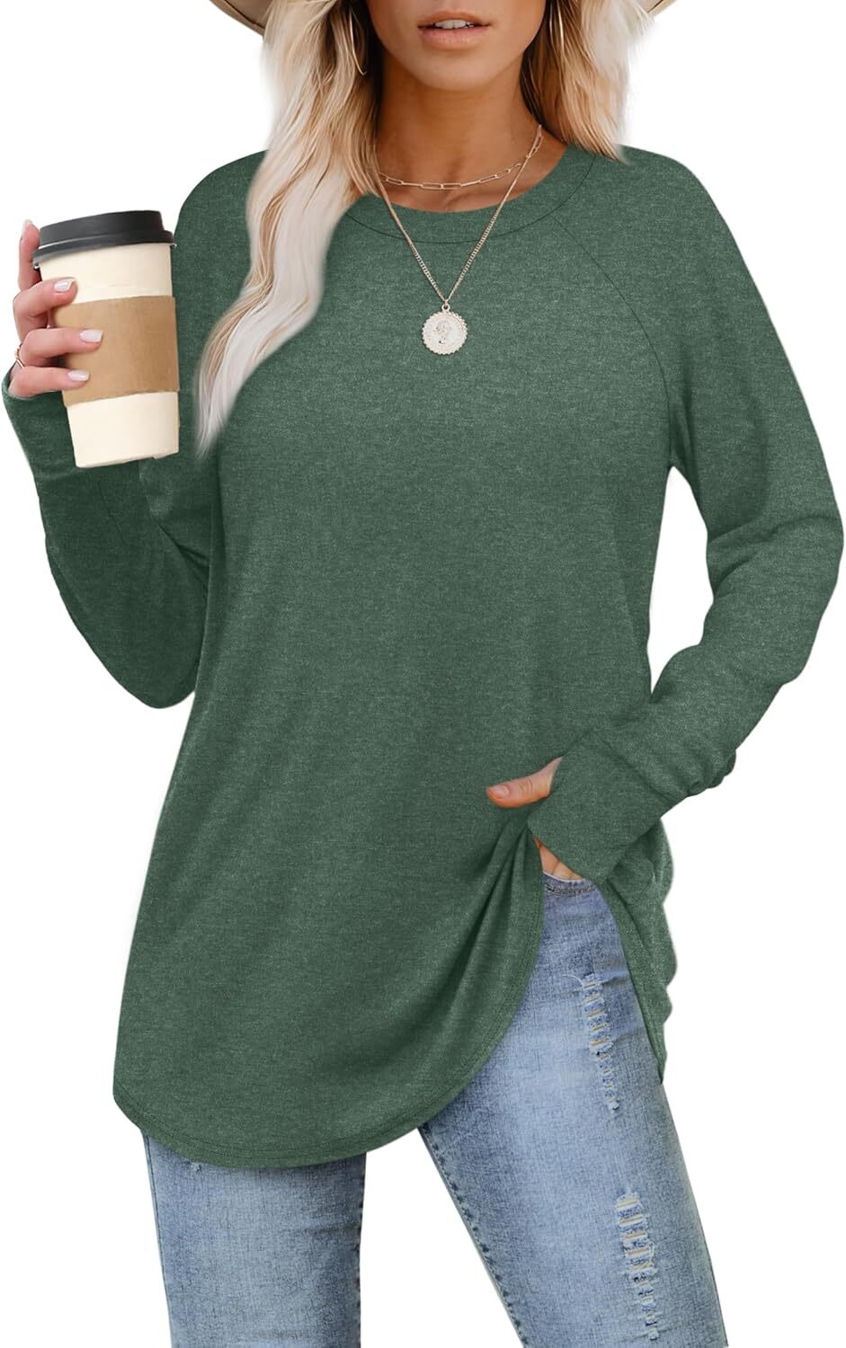 🔥Womens Tunic Tops to Wear with Leggings Long Sleeve Thumb Hole Shirts Crew Neck Curved Hem