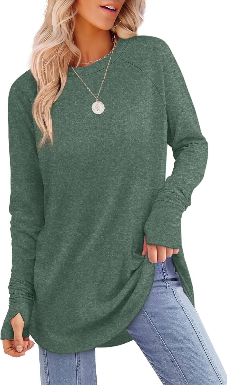 🔥Womens Tunic Tops to Wear with Leggings Long Sleeve Thumb Hole Shirts Crew Neck Curved Hem