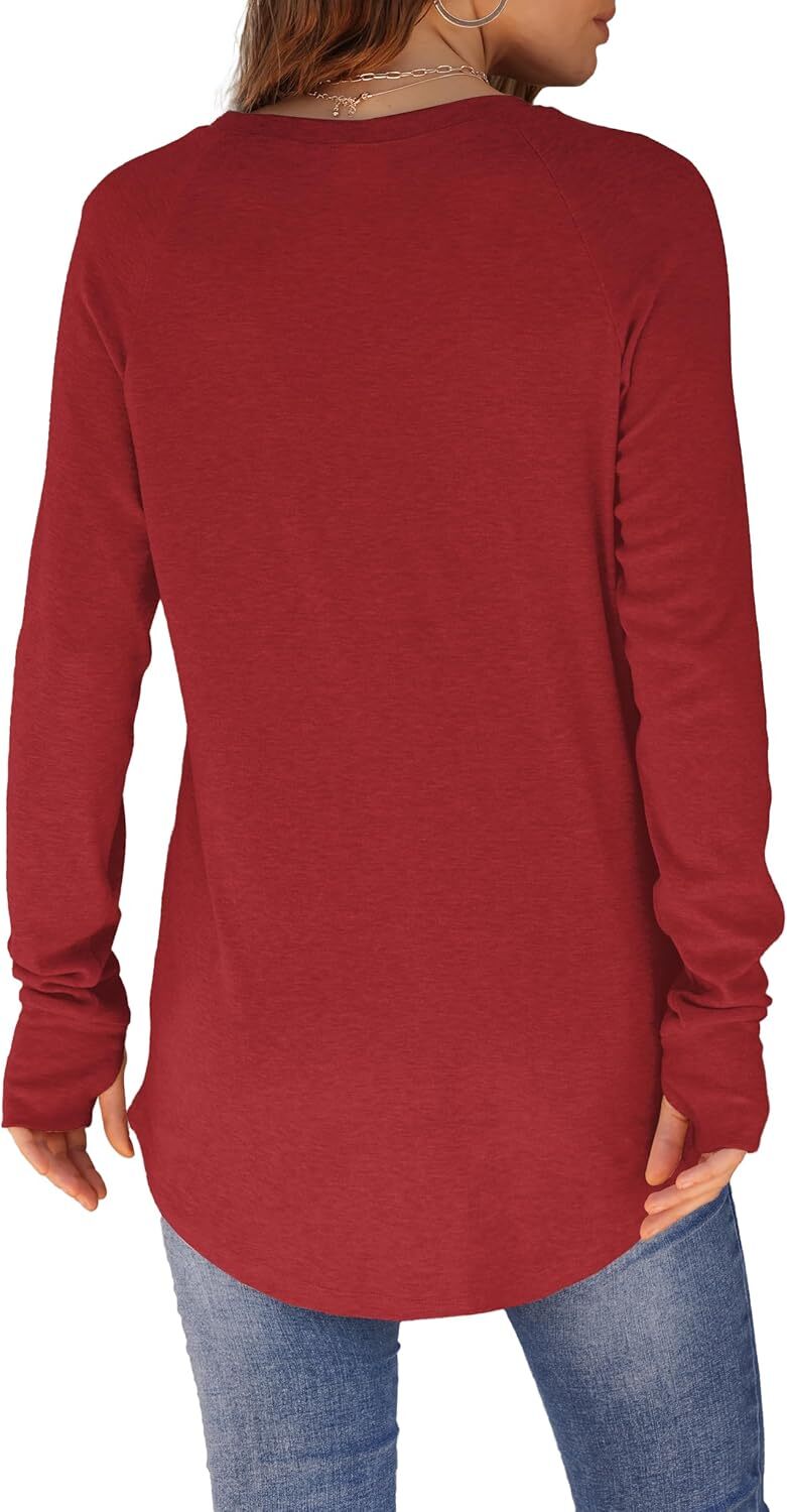 🔥Womens Tunic Tops to Wear with Leggings Long Sleeve Thumb Hole Shirts Crew Neck Curved Hem