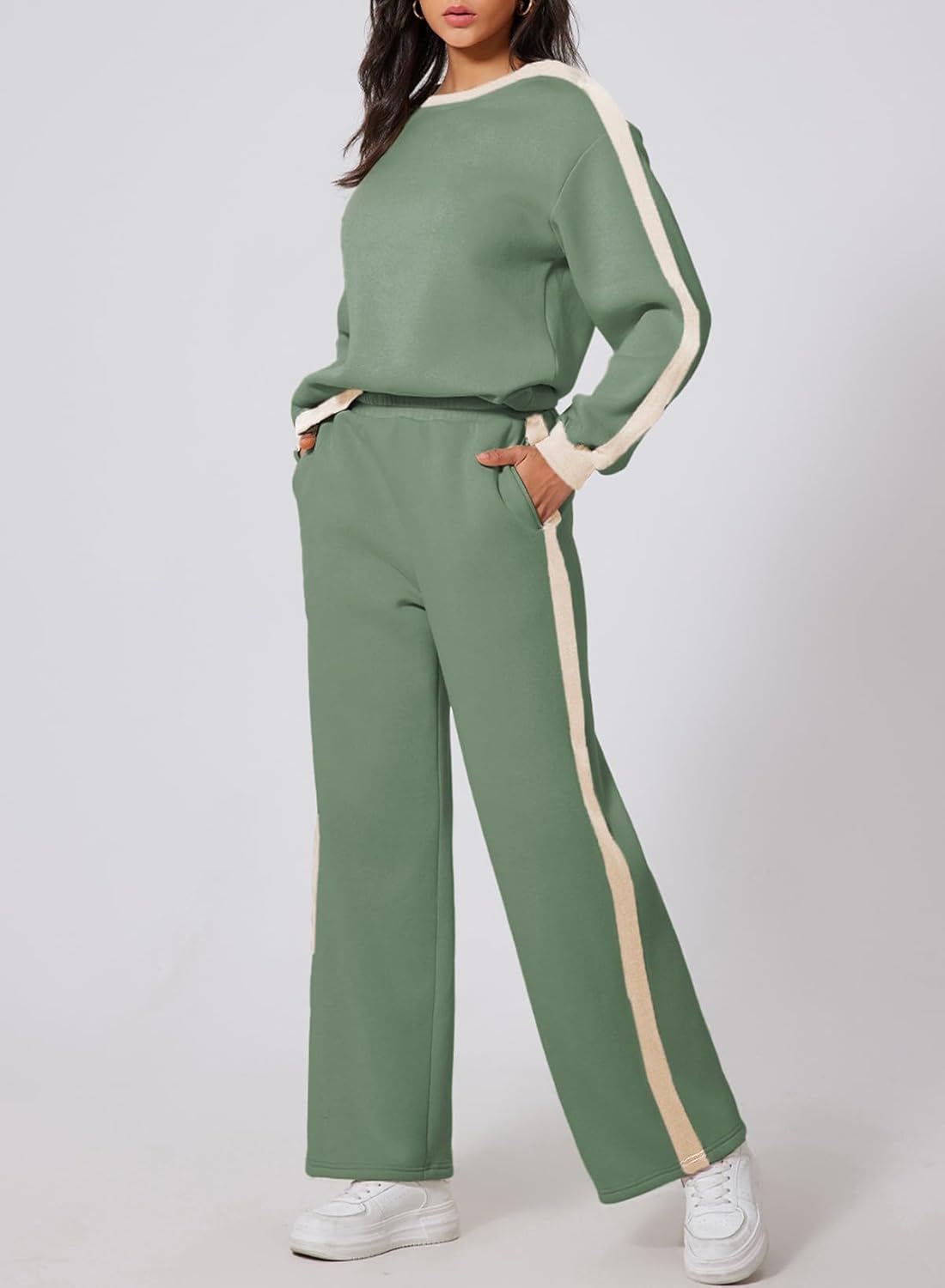 ❤️Last day promotion! Women 2 Piece Outfits Color Block Sweatsuit Casual Fleece Lounge Matching Sets
