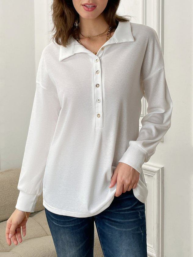 Women's Navy Button Front Long Sleeve Henley T-Shirt