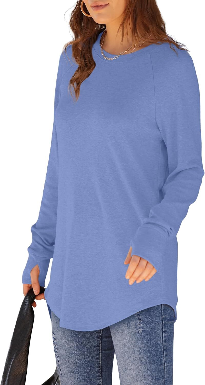 🔥Womens Tunic Tops to Wear with Leggings Long Sleeve Thumb Hole Shirts Crew Neck Curved Hem