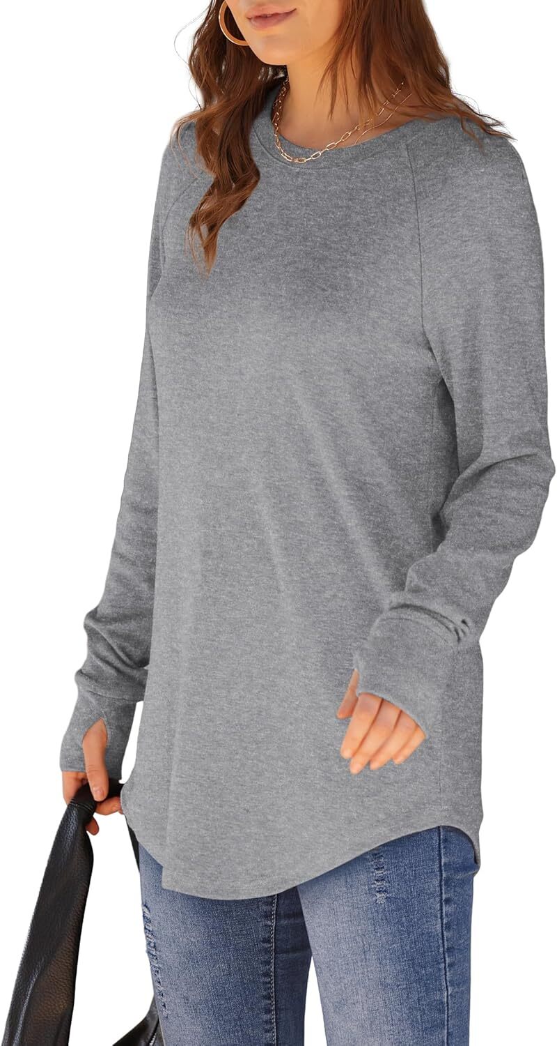 🔥Womens Tunic Tops to Wear with Leggings Long Sleeve Thumb Hole Shirts Crew Neck Curved Hem