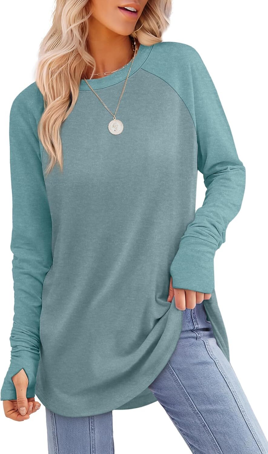 🔥Womens Tunic Tops to Wear with Leggings Long Sleeve Thumb Hole Shirts Crew Neck Curved Hem