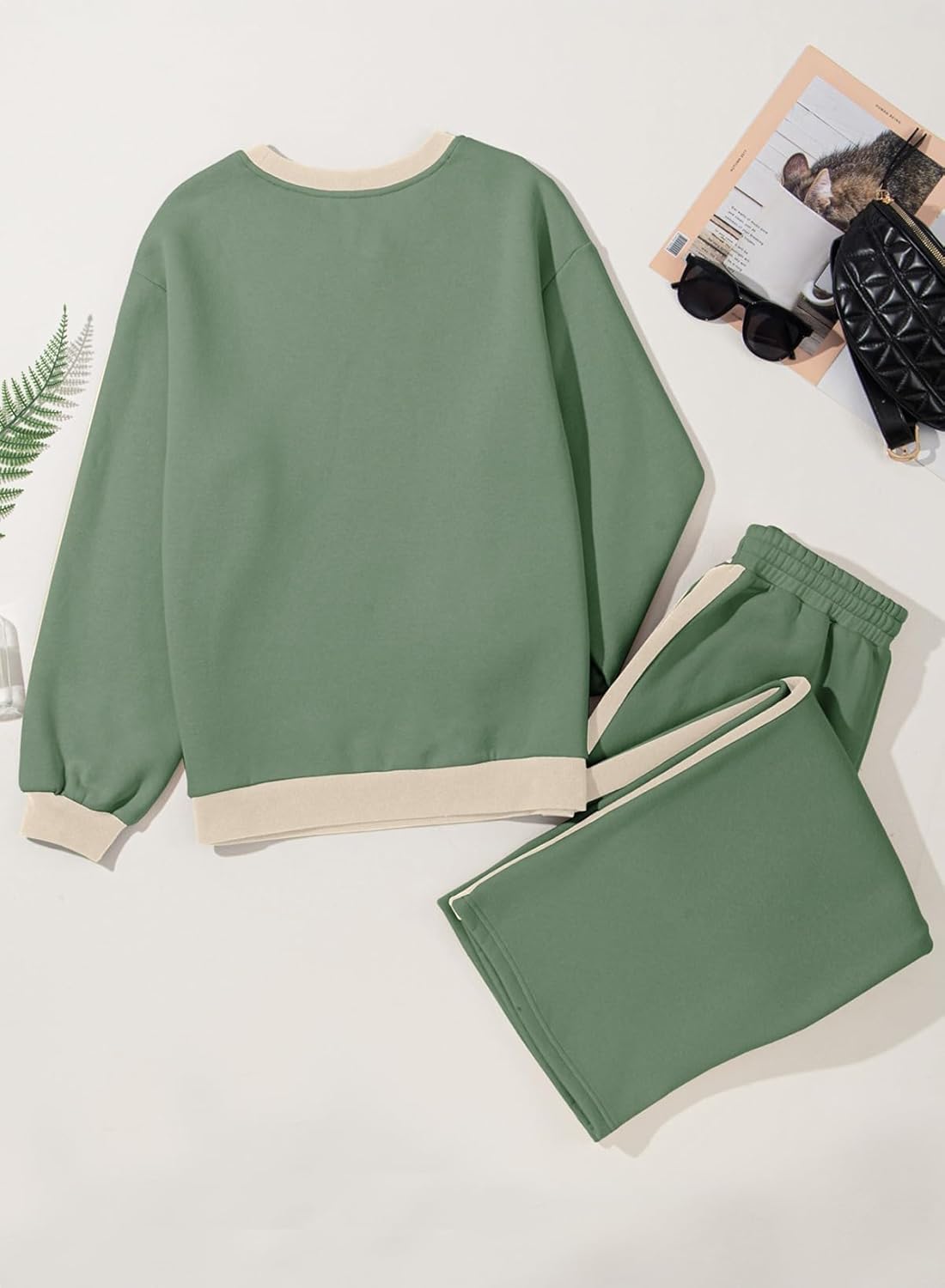 ❤️Last day promotion! Women 2 Piece Outfits Color Block Sweatsuit Casual Fleece Lounge Matching Sets