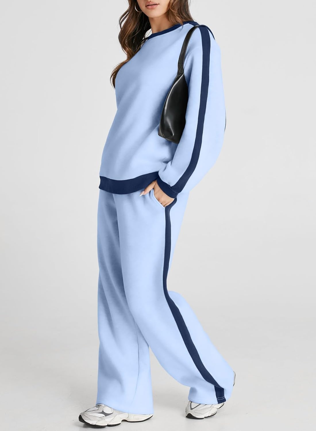 ❤️Last day promotion! Women 2 Piece Outfits Color Block Sweatsuit Casual Fleece Lounge Matching Sets