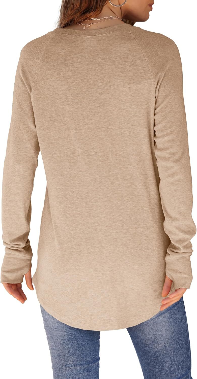 🔥Womens Tunic Tops to Wear with Leggings Long Sleeve Thumb Hole Shirts Crew Neck Curved Hem