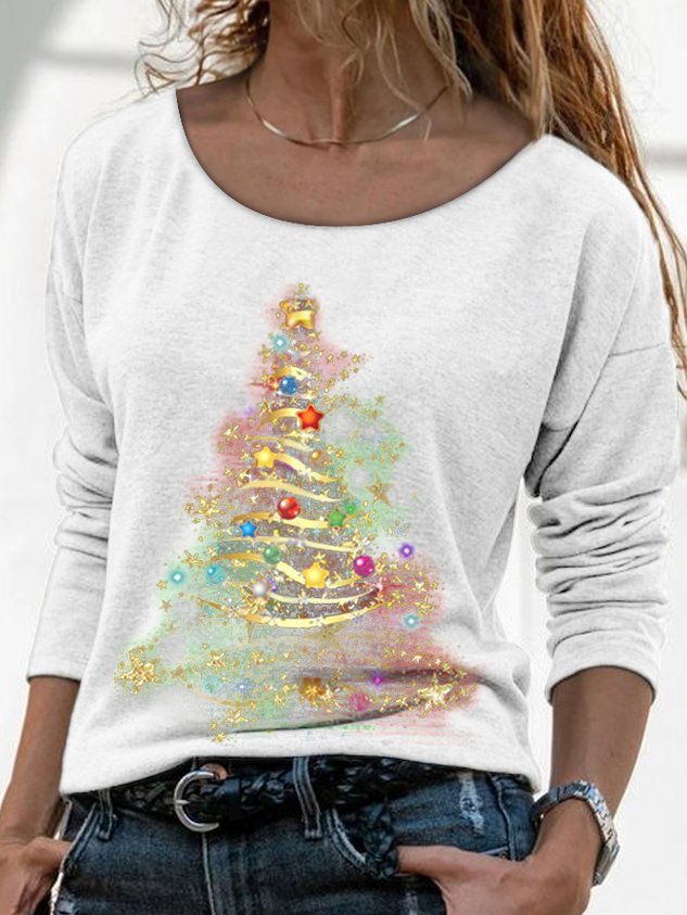 Casual Crew Neck Christmas Tree Top & T-shirt Female