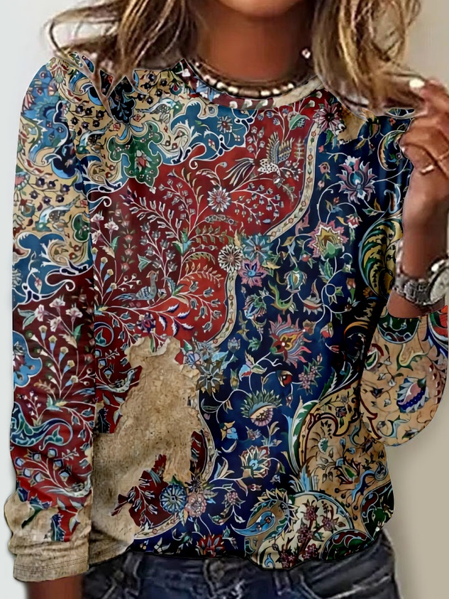 Women's Vintage Fancy Ethnic Casual Crew Neck Shirt
