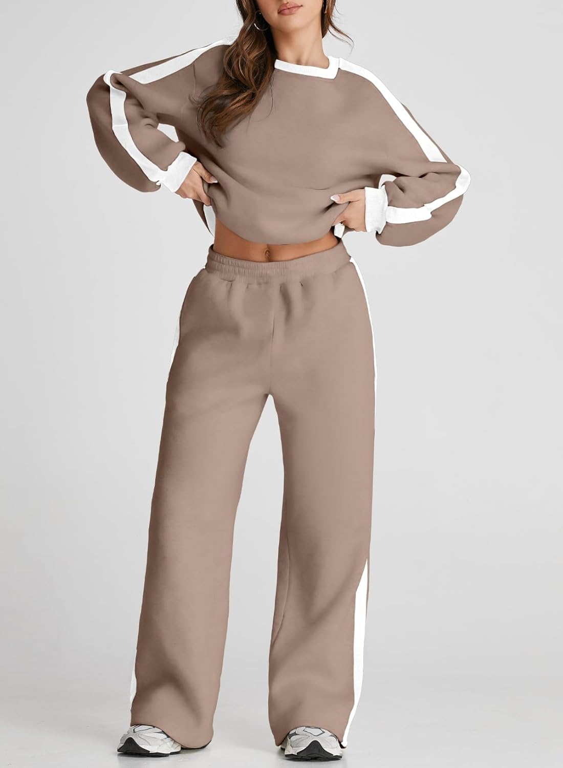 ❤️Last day promotion! Women 2 Piece Outfits Color Block Sweatsuit Casual Fleece Lounge Matching Sets