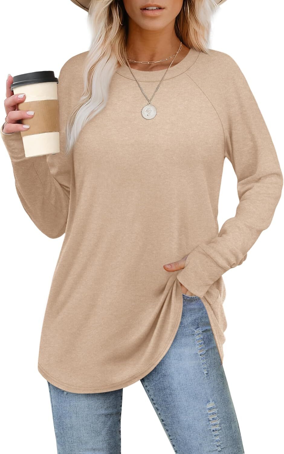 🔥Womens Tunic Tops to Wear with Leggings Long Sleeve Thumb Hole Shirts Crew Neck Curved Hem