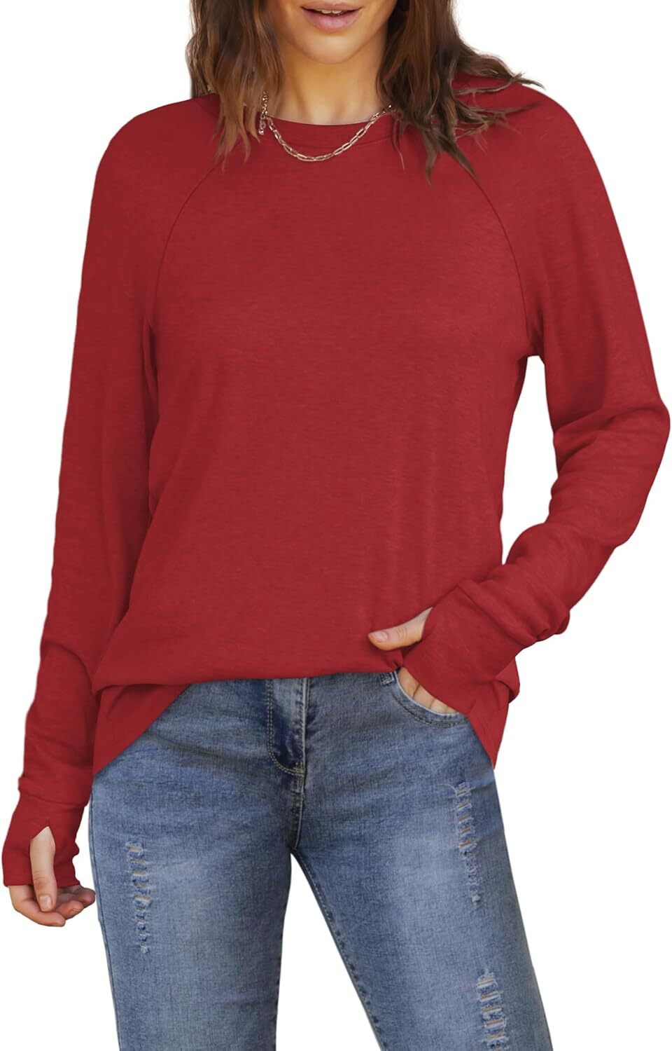 🔥Womens Tunic Tops to Wear with Leggings Long Sleeve Thumb Hole Shirts Crew Neck Curved Hem