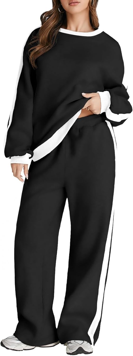 ❤️Last day promotion! Women 2 Piece Outfits Color Block Sweatsuit Casual Fleece Lounge Matching Sets