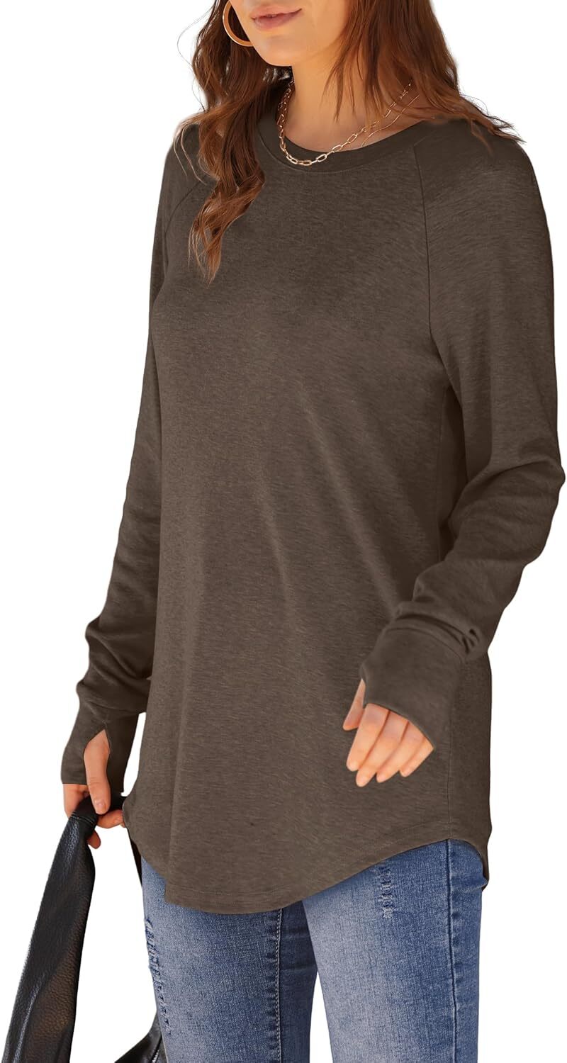 🔥Womens Tunic Tops to Wear with Leggings Long Sleeve Thumb Hole Shirts Crew Neck Curved Hem